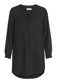 Black blouse with long sleeves, a V-neck collar, a front placket, and a curved hem. Made from smooth fabric with a soft texture.