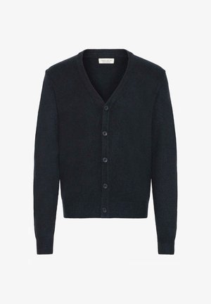 Dunkelblaues Strickjacke aus weichem Stoff, mit V-Ausschnitt, langen Ärmeln und sechs Knöpfen vorne. Glatte Textur und klassisches Design.