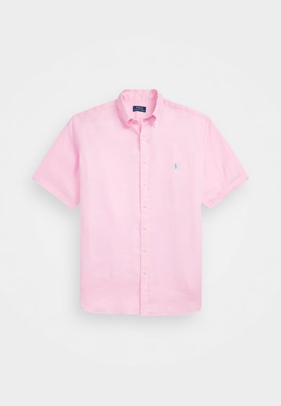 Short-sleeve button-up shirt in light pink cotton. Features a classic collar, front placket with buttons, and small embroidered logo in blue.