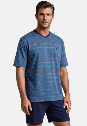 T-shirt à col en V rayé pour homme en bleu avec des rayures horizontales multicolores et une poche poitrine. Confectionné dans un tissu doux avec une coupe décontractée.