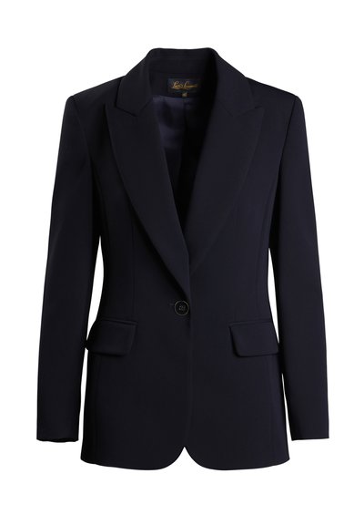 Blazer ajusté bleu marine avec un revers cranté, fermeture à un bouton, deux poches avant et une texture lisse. Étiquette intérieure visible.