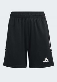 Schwarze Sportshorts mit elastischem Bund, weißen Seiteneinsätzen und einem weißen Adidas-Logo unten rechts. Glatte Stofftextur.