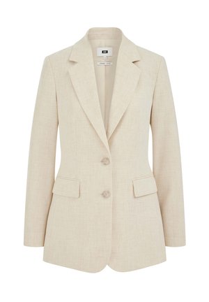 Bēša sieviešu žakete ar divām pogām, izgriezuma atloki, garām piedurknēm un divām priekšējām kabatām ar atloku, attēlota uz balta fona.