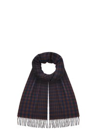 W kratkę szalik w ciemnoniebieskich i brązowych odcieniach, z frędzlami na brzegach i miękką fakturą tkaniny, zwinięty w kształt pętli.