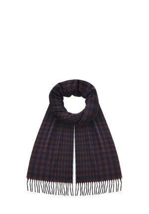 W kratkę szalik w ciemnoniebieskich i brązowych odcieniach, z frędzlami na brzegach i miękką fakturą tkaniny, zwinięty w kształt pętli.
