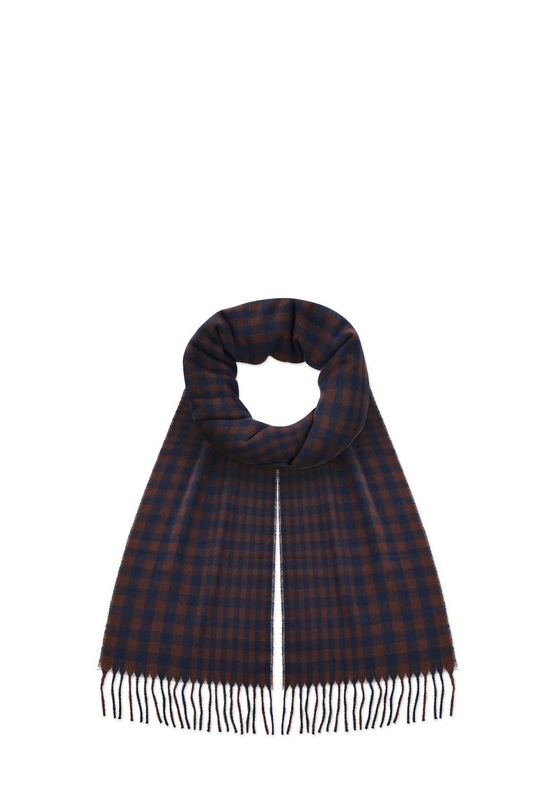 W kratkę szalik w ciemnoniebieskich i brązowych odcieniach, z frędzlami na brzegach i miękką fakturą tkaniny, zwinięty w kształt pętli.