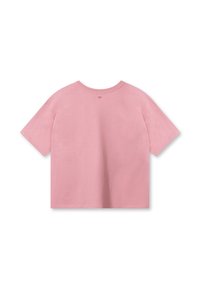 T-shirt di cotone rosa con scollatura rotonda, maniche corte e vestibilità comoda. Il retro è liscio senza loghi o dettagli visibili.