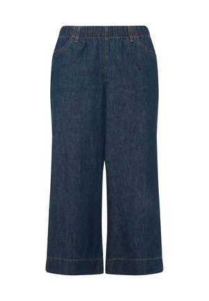 Denimové kalhoty culottes v tmavě modré barvě s elastickým pasem, obsahující boční kapsy a přímý střih nohavic. Dokončeno kontrastním prošitím.