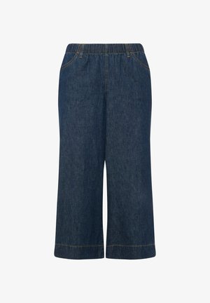 Tummansiniset denim-culottes, joissa on joustava vyötärö, sivutaskut ja suora lahje. Viimeistelty kontrastivärisillä ompeleilla.