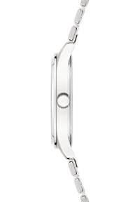 Silberner Edelstahluhren mit schlankem Profil, runder Gehäuseform und Gliederarmband. Verfügt über eine schlichte Seitenkrone und eine polierte Oberfläche.
