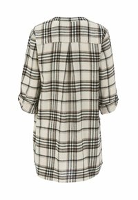 Langärmliges kariertes Hemd in Creme, Braun und Schwarz. Verfügt über einen runden Halsausschnitt und hochkrempelbare Ärmel. Weicher, gewebter Stoff mit einem lockeren Schnitt.