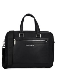 Czarna torba na laptopa z podwójnymi uchwytami i odpinanym paskiem na ramię, z przednią kieszenią na zamek błyskawiczny oraz teksturowaną powierzchnią z srebrnymi akcentami.