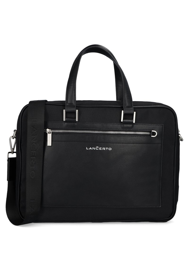 Czarna torba na laptopa z podwójnymi uchwytami i odpinanym paskiem na ramię, z przednią kieszenią na zamek błyskawiczny oraz teksturowaną powierzchnią z srebrnymi akcentami.