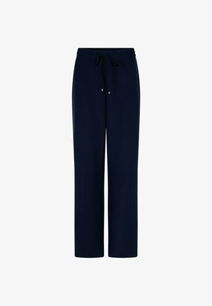 Navyblauwe wijde broek met elastische tailleband en trekkoord, ontworpen voor casual of lounge gebruik.