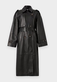 Black leather trench coat featuring a belted waist, double-breasted buttons, wide sleeves, and a classic collar. Smooth texture, mid-length design.