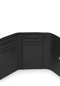 Black leather wallet with a textured finish. Features multiple card slots, a coin compartment, and a silver logo accent.