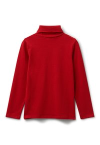 Červený dlouhý rukáv rolák zobrazený zezadu na bílém pozadí.