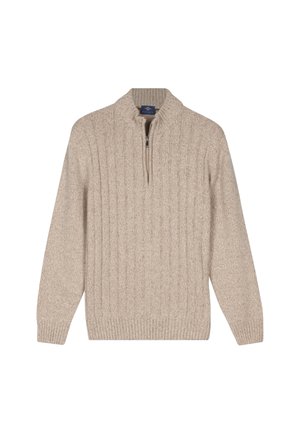 Beige gebreide trui met een ritskraag, voorzien van een geribbelde textuur en lange mouwen. Het materiaal lijkt zacht en knus met een subtiel patroon.