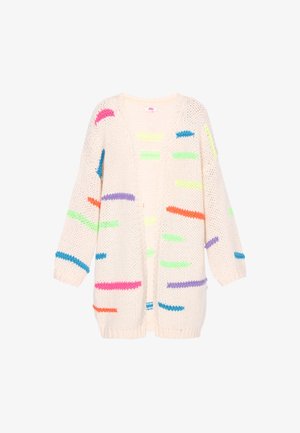 Krémszínű kötött kardigán, színes, absztrakt csíkokkal rózsaszín, kék, zöld, narancs és lila árnyalatokban. Jellemzői a laza szabás és a háromnegyedes ujjak.