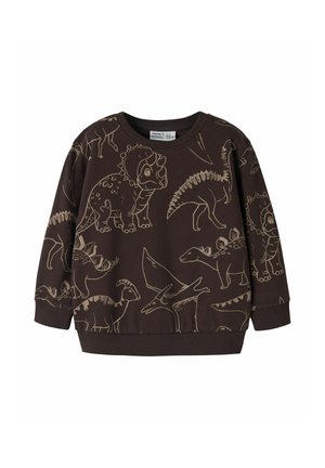 Sweat-shirt enfant marron foncé avec motifs de dinosaures beige en contour, poignets, ourlet côtelés et col rond.