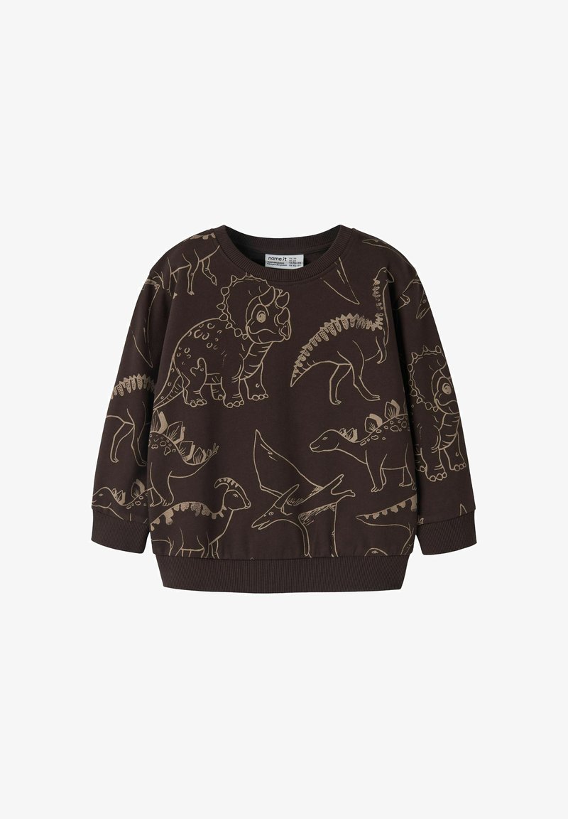 Sweat-shirt enfant marron foncé avec motifs de dinosaures beige en contour, poignets, ourlet côtelés et col rond.