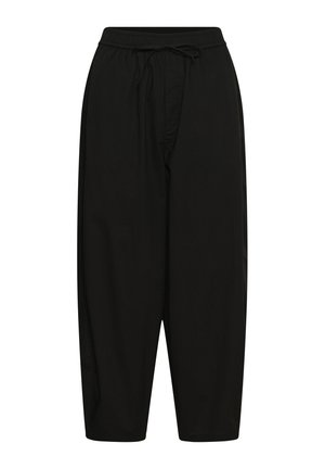 Fekete, bő szabású nadrág rugalmas derékpánttal és húzózsinórral, egyenes szárakkal, lazább, hétköznapi stílusban.