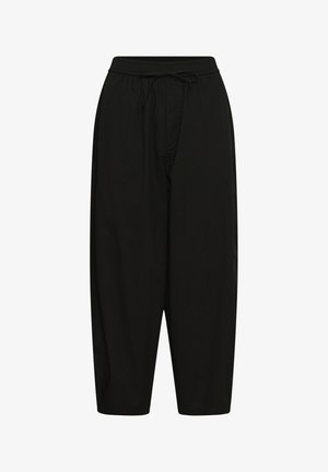Black loose-fit pants with elastic waistband and drawstring, straight legs, and a relaxed, casual style.