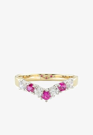 Zeltīta gredzens ar V formas dizainu, kurā mijas rozā un caurspīdīgi apaļie akmeņi. Gluda josla ar spraudņu iestatījumiem un iekšējām rozā akcents.