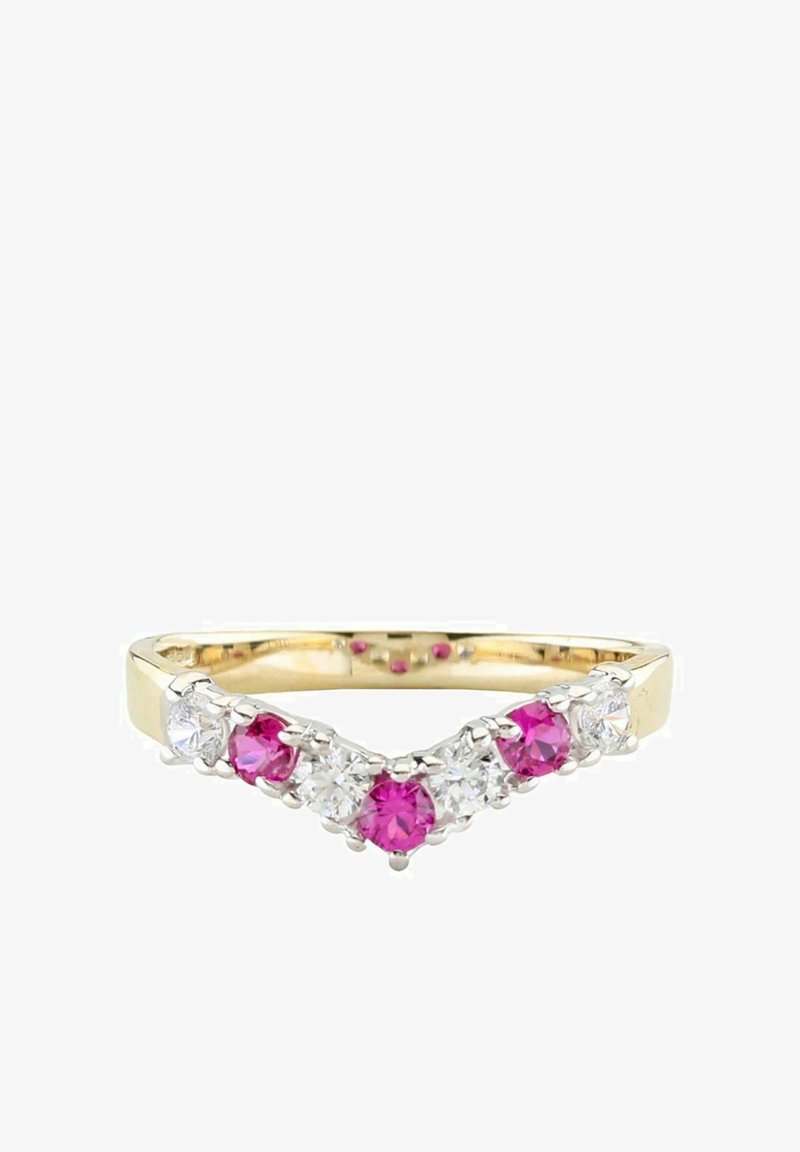 Zlatý prsteň s dizajnom do tvaru písmena V so striedajúcimi sa ružovými a priehľadnými guľatými drahokamami. Hladký pásik s prichytávacími nastaveniami a vnútornými ružovými akcentmi.