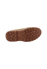 Semelle en caoutchouc avec un motif de bande de roulement robuste ; couleur brune avec des détails texturés ; conçue pour l'adhérence et la durabilité.