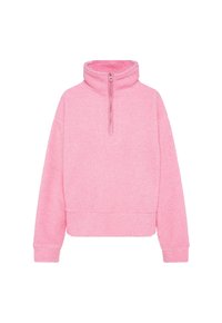 Rosa Fleece-Pullover mit hohem Kragen und Reißverschluss, mit einer strukturierten, plüschigen Oberfläche sowie gerippten Bündchen und Saum. Kürzerer Schnitt.