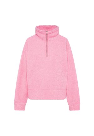 Rosa Fleece-Pullover mit hohem Kragen und Reißverschluss, mit einer strukturierten, plüschigen Oberfläche sowie gerippten Bündchen und Saum. Kürzerer Schnitt.