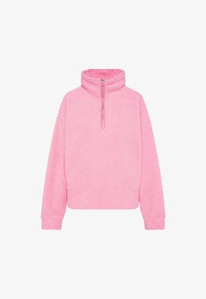 Pink fleece pullover with a high collar and zip closure, featuring a textured, plush surface and ribbed cuffs and hem. Cropped design.
