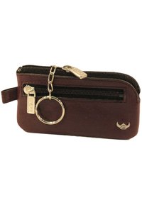 Portefeuille en cuir brun avec une fermeture éclair noire, des accents argentés et un anneau de clé attaché. Dispose d'une forme mince et d'un design petit et compact.
