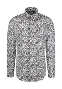 Wit overhemd met lange mouwen, gemaakt van stof met een kleurrijke bloemenprint in groene, rode en blauwe tinten; klassieke kraag en afgeronde zoom.