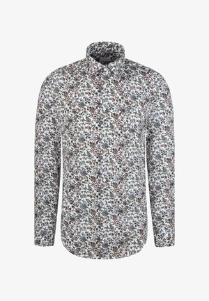 Wit overhemd met lange mouwen, gemaakt van stof met een kleurrijke bloemenprint in groene, rode en blauwe tinten; klassieke kraag en afgeronde zoom.