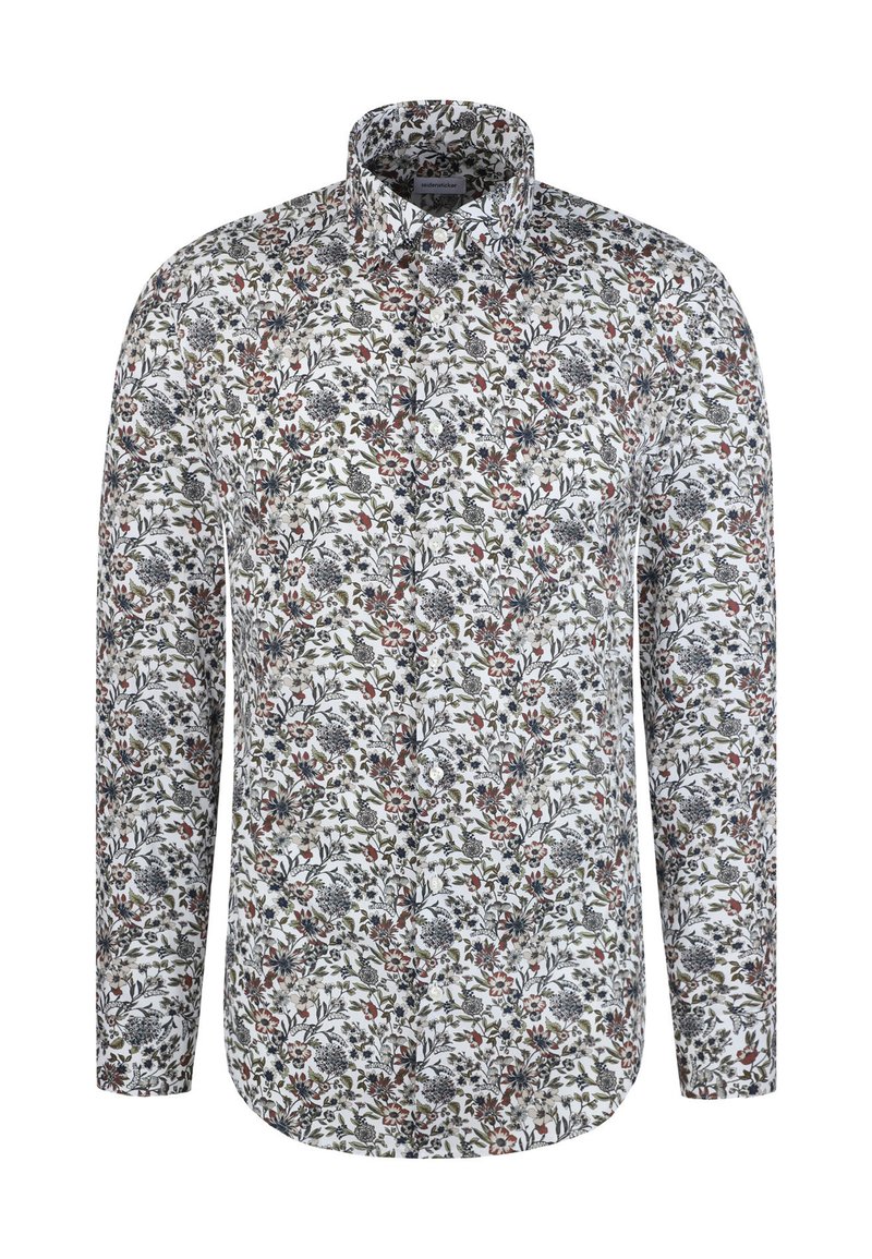 Wit overhemd met lange mouwen, gemaakt van stof met een kleurrijke bloemenprint in groene, rode en blauwe tinten; klassieke kraag en afgeronde zoom.