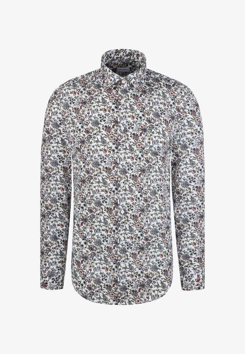 Wit overhemd met lange mouwen, gemaakt van stof met een kleurrijke bloemenprint in groene, rode en blauwe tinten; klassieke kraag en afgeronde zoom.