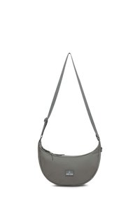 Borsa a tracolla grigia con design arrotondato, realizzata in tessuto resistente, dotata di chiusura con zip e tracolla regolabile. Include una patch con il logo.