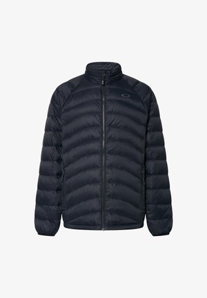 Giacca nera isolata con collo alto, design trapuntato, chiusura con zip e tasche laterali. Realizzata in materiale leggero e resistente all'acqua.