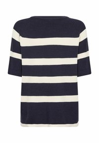 Īsām piedurknēm trikotāžas tops ar horizontālām tumši zilām un baltām svītrām, ribota tekstūra un apaļa kakla izgriezums. Aizmugures skats parāda vaļēju pieguļumu.