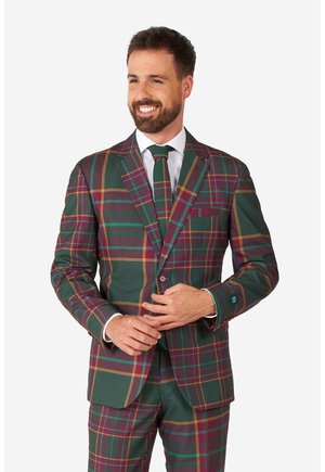 Green plaid suit with burgundy and gold lines, featuring a single-button design, notch lapels, and a matching tie. Smooth texture.