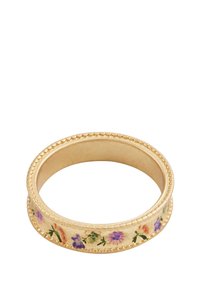 Gold-colored bangle with raised beaded accents and floral patterns in purple and orange, featuring a smooth interior and exterior texture.