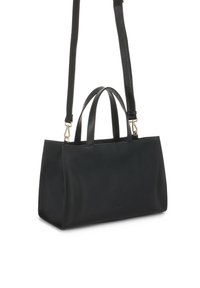 Sac à main en cuir noir avec une forme structurée, des poignées doubles et une bandoulière réglable. Caractéristiques des accents en métal doré.