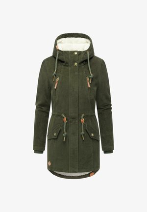 Parka in corduroy verde oliva con cappuccio foderato in pelliccia sintetica, cordoncini e due tasche frontali. Caratterizzata da accenti metallici e tessuto testurizzato.