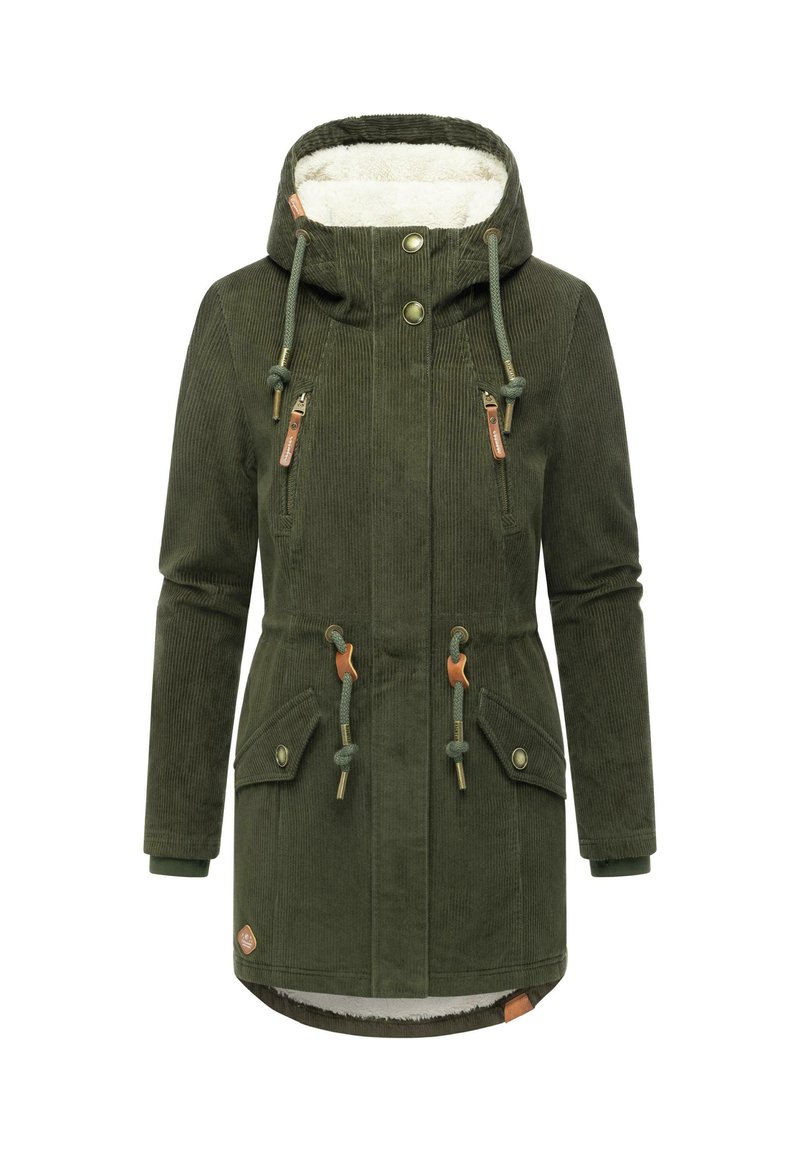 Olive green corduroy parka with a faux fur-lined hood, drawstrings, and two front pockets. Features metal accents and textured fabric.