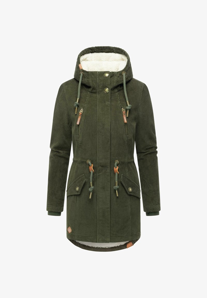 Olive green corduroy parka with a faux fur-lined hood, drawstrings, and two front pockets. Features metal accents and textured fabric.