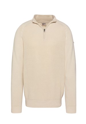 Cremefarbener, gestrickter Pullover mit langen Ärmeln, kurzem Reißverschluss am Kragen und einem dezenten Markenlabel innen am Halsausschnitt.