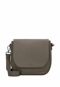 Graue Leder-Umhängetasche mit flachem Klappenverschluss, verstellbarem Tragegurt und minimalistischem Design. Mit dezentem Nähen und geprägtem Logo.