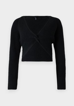 Maglione corto nero realizzato in tessuto a coste, con scollatura a V profonda, maniche lunghe e dettaglio frontale annodato per una maggiore texture.